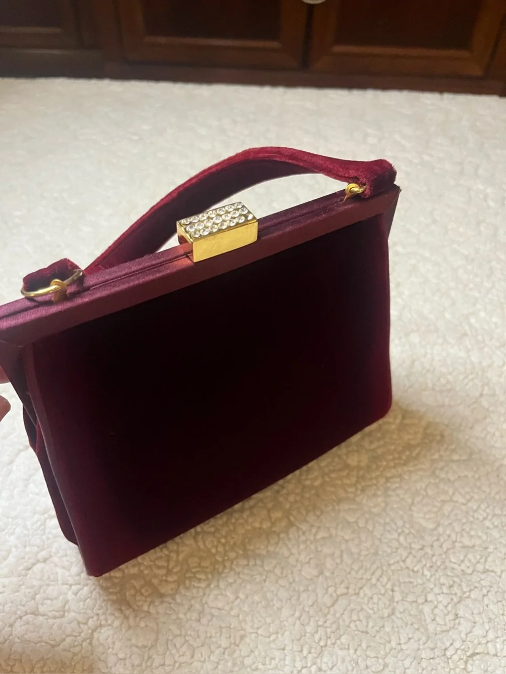 Vintage Saks 5th Avenue Burgundy Velvet Evening Bag Rhinestone Clasp Top Handle - Picture 3 of 9